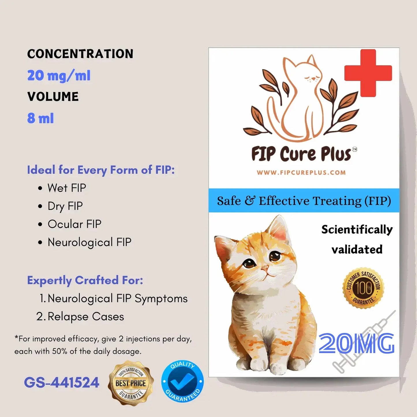 FIP Cure Plus GS-441524 | 6 Vials 20mg/ml | 8ml (standard) to Cure FIP - FIP Cure Plus