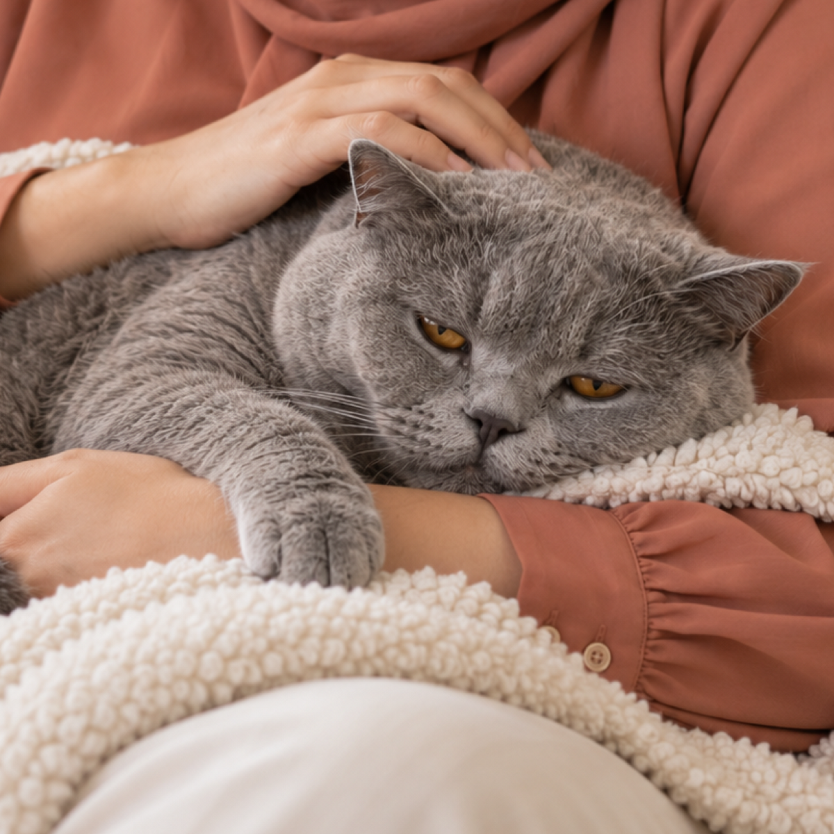 Gray cat resting with its owner's hands gently comforting it during FIP treatment at home.