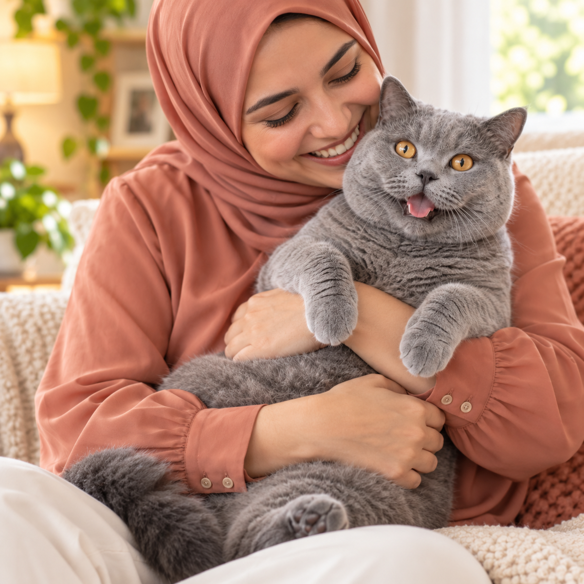 Smiling woman holding a gray cat at home during an FIP treatment recovery journey.