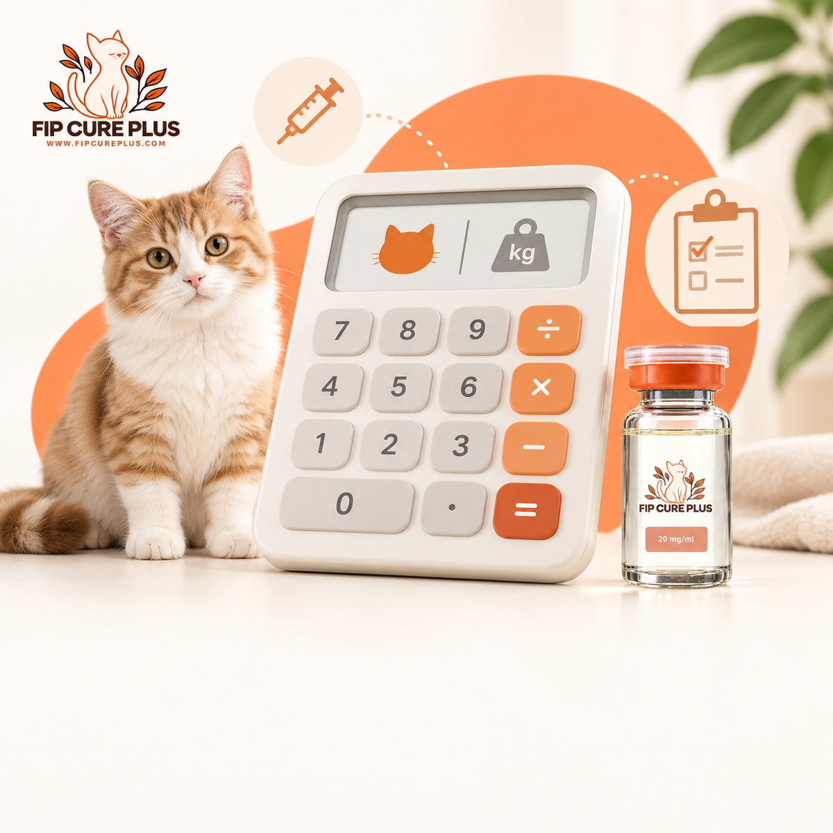 Cat beside an FIP Cure Plus GS-441524 vial and dosage calculator graphic based on cat weight.