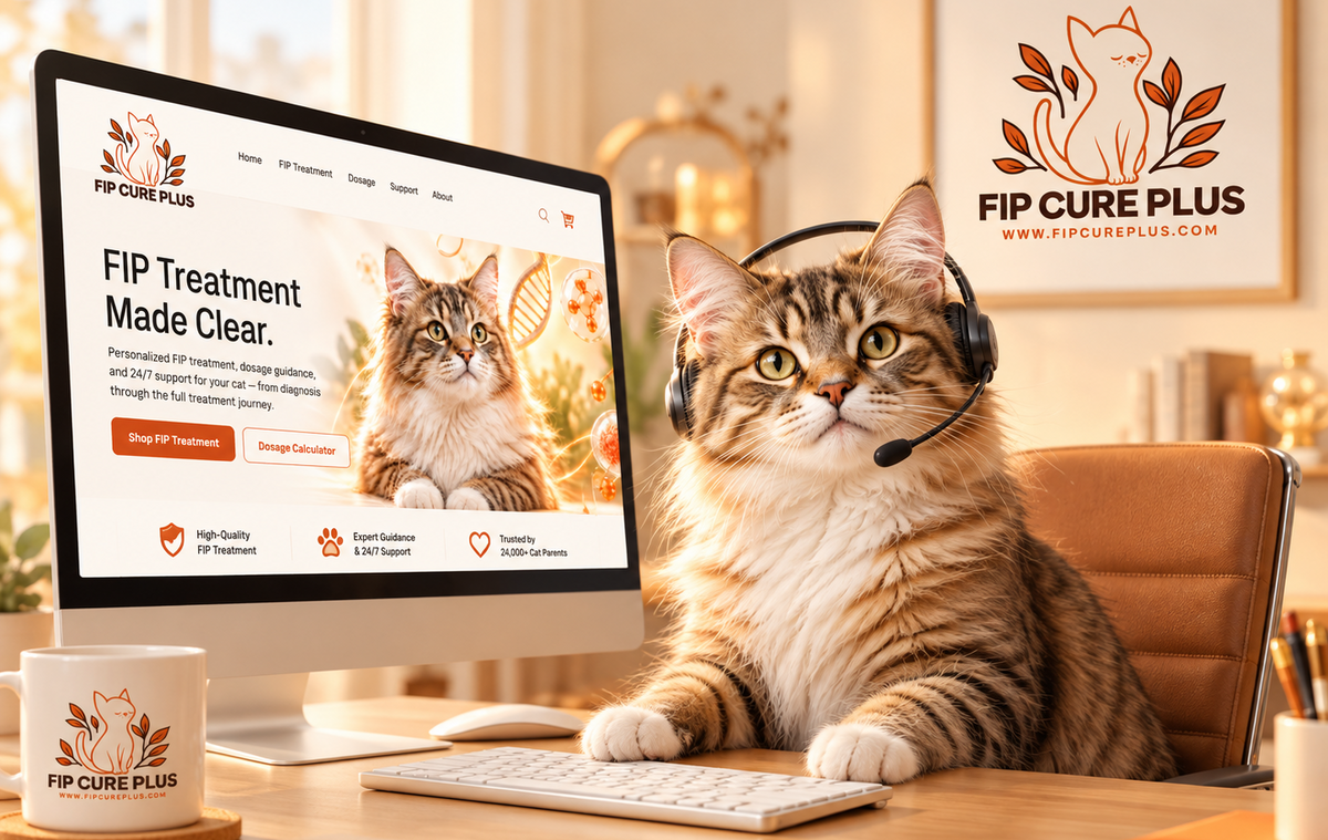 FIP Cure Plus contact banner featuring a cat wearing a headset beside a computer showing the treatment website.