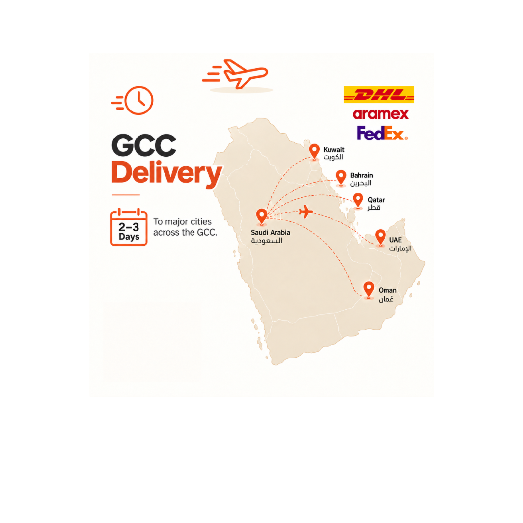 GCC delivery graphic showing 2 to 3 day delivery to major cities with DHL, Aramex, and FedEx carrier logos.