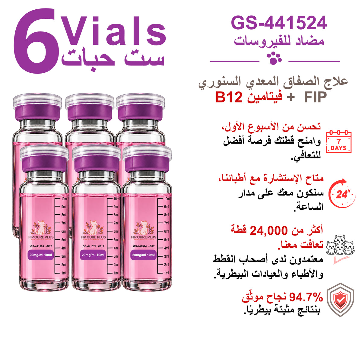 ست قوارير من حقن GS-441524 من فيب كيور بلس (FIP Cure Plus)، بتركيز 20mg/ml وحجم 10ml لكل قارورة، مع فيتامين B12 لعلاج FIP لدى القطط.