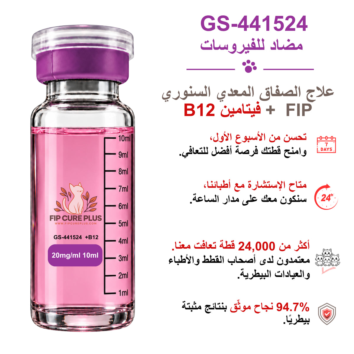 حقن GS-441524 بتركيز 20mg/ml وحجم 10ml مع فيتامين B12 من فيب كيور بلس (FIP Cure Plus) لعلاج التهاب الصفاق المعدي السنوري FIP.