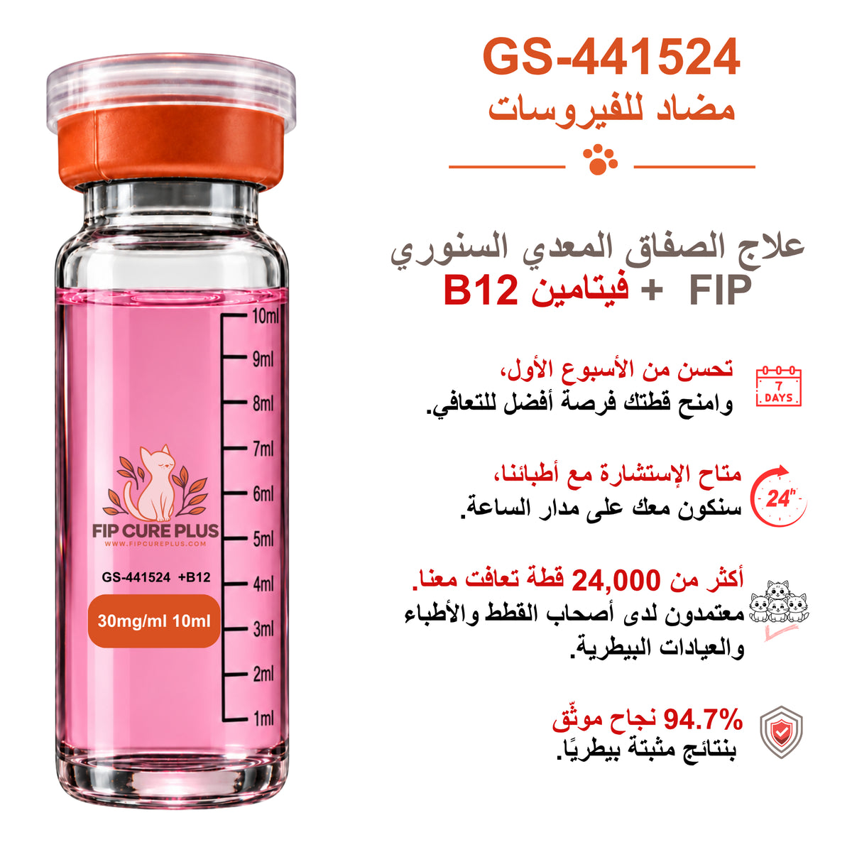 حقن GS-441524 بتركيز 30mg/ml وحجم 10ml مع فيتامين B12 من فيب كيور بلس (FIP Cure Plus) لعلاج التهاب الصفاق المعدي السنوري FIP.