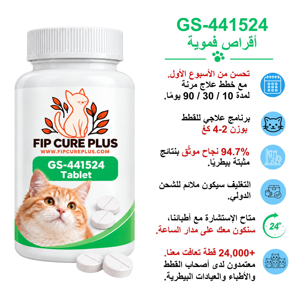 FIP Cure Plus GS-441524 tablet treatment guide for cats under 2 kg, showing treatment plans, veterinary support, international shipping, and FIP treatment information.