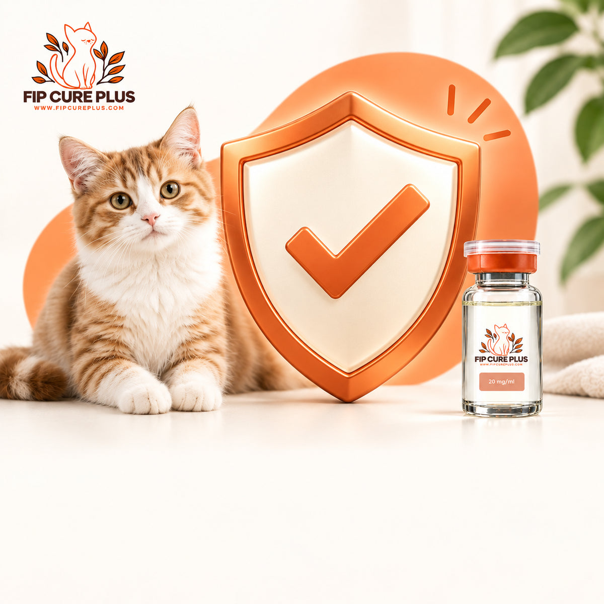 Cat beside an FIP Cure Plus GS-441524 vial and a shield checkmark graphic representing treatment safety.