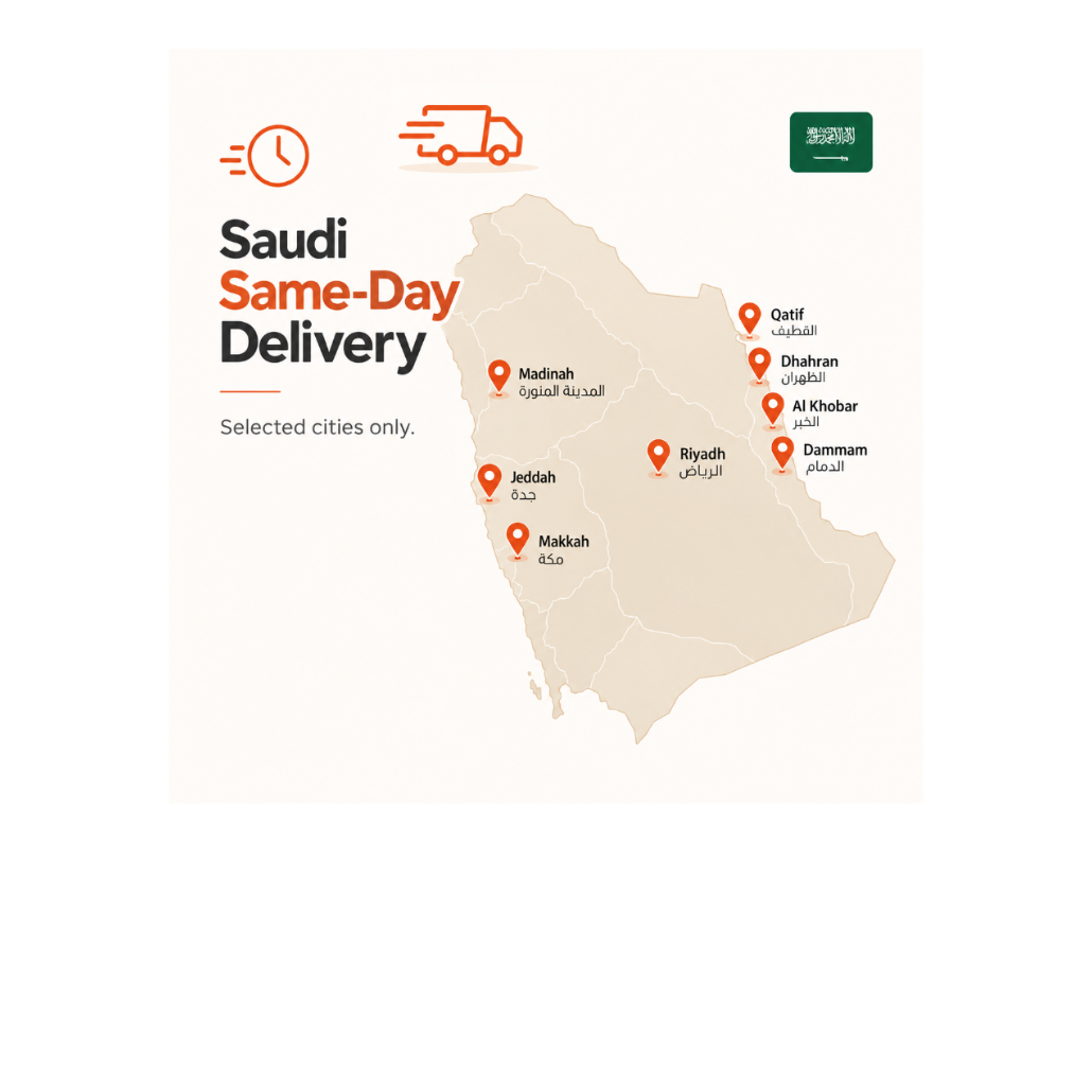 Saudi Arabia same-day delivery map with orange location pins marking selected cities including Riyadh, Jeddah, Makkah, Madinah, Dammam, Al Khobar, Dhahran, and Qatif.