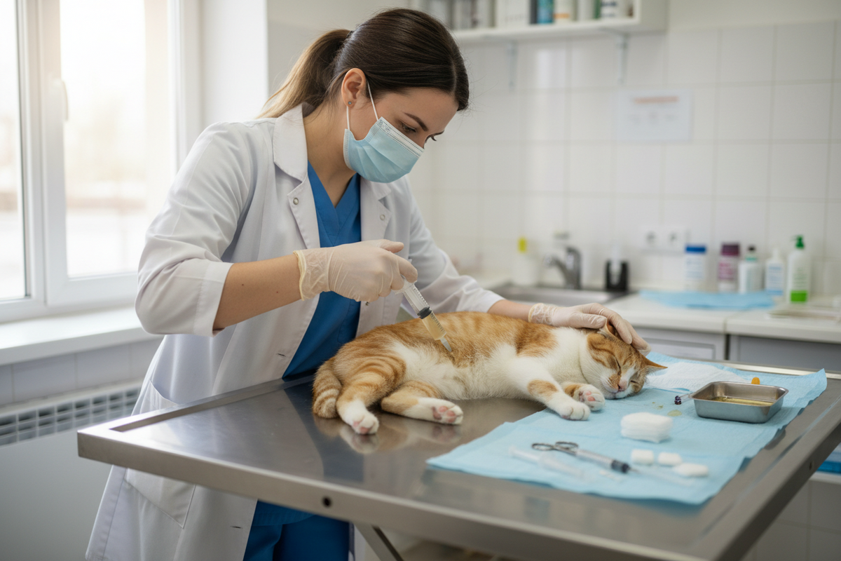 Vet performing fluid drainage on a cat with wet FIP — abdominocentesis guide by FIP Cure Plus