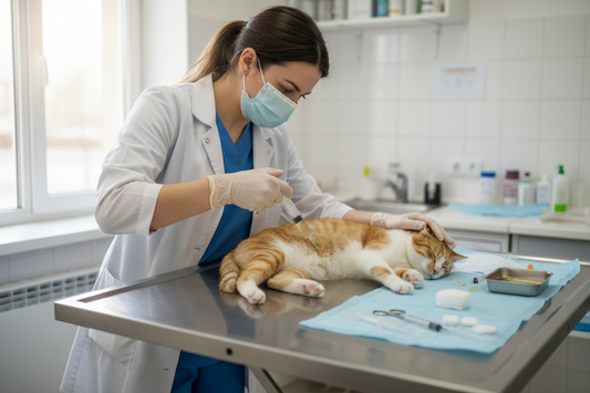 Vet performing fluid drainage on a cat with wet FIP — abdominocentesis guide by FIP Cure Plus
