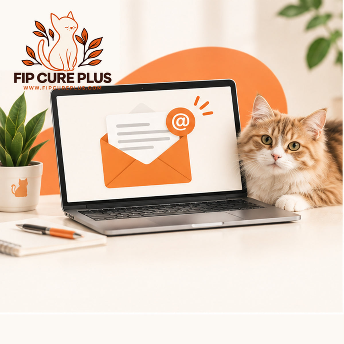 Cat beside a laptop displaying an email icon for FIP Cure Plus customer support.