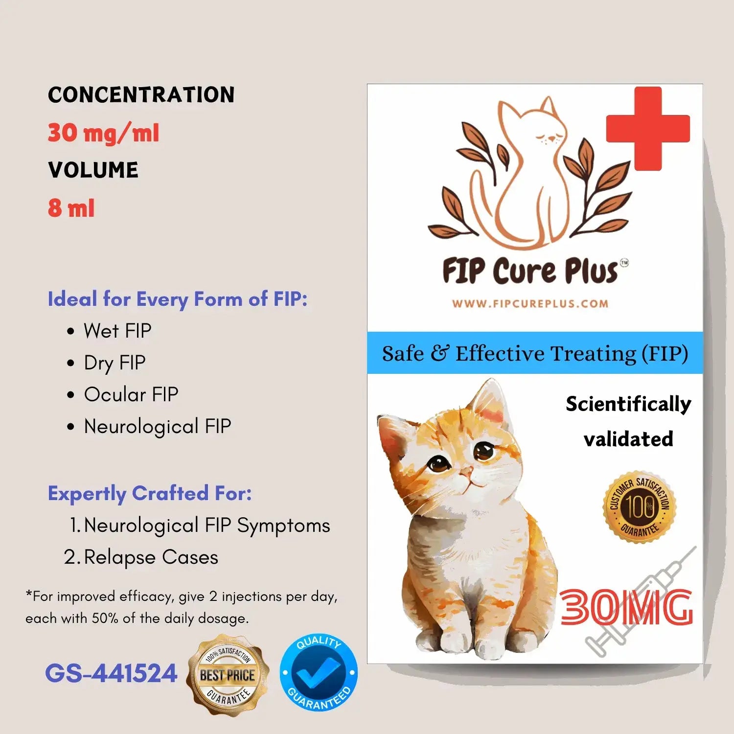 FIP Cure Plus GS-441524 | 6 Vials 30mg/ml | 8ml (premium, faster response) to Cure FIP - FIP Cure Plus