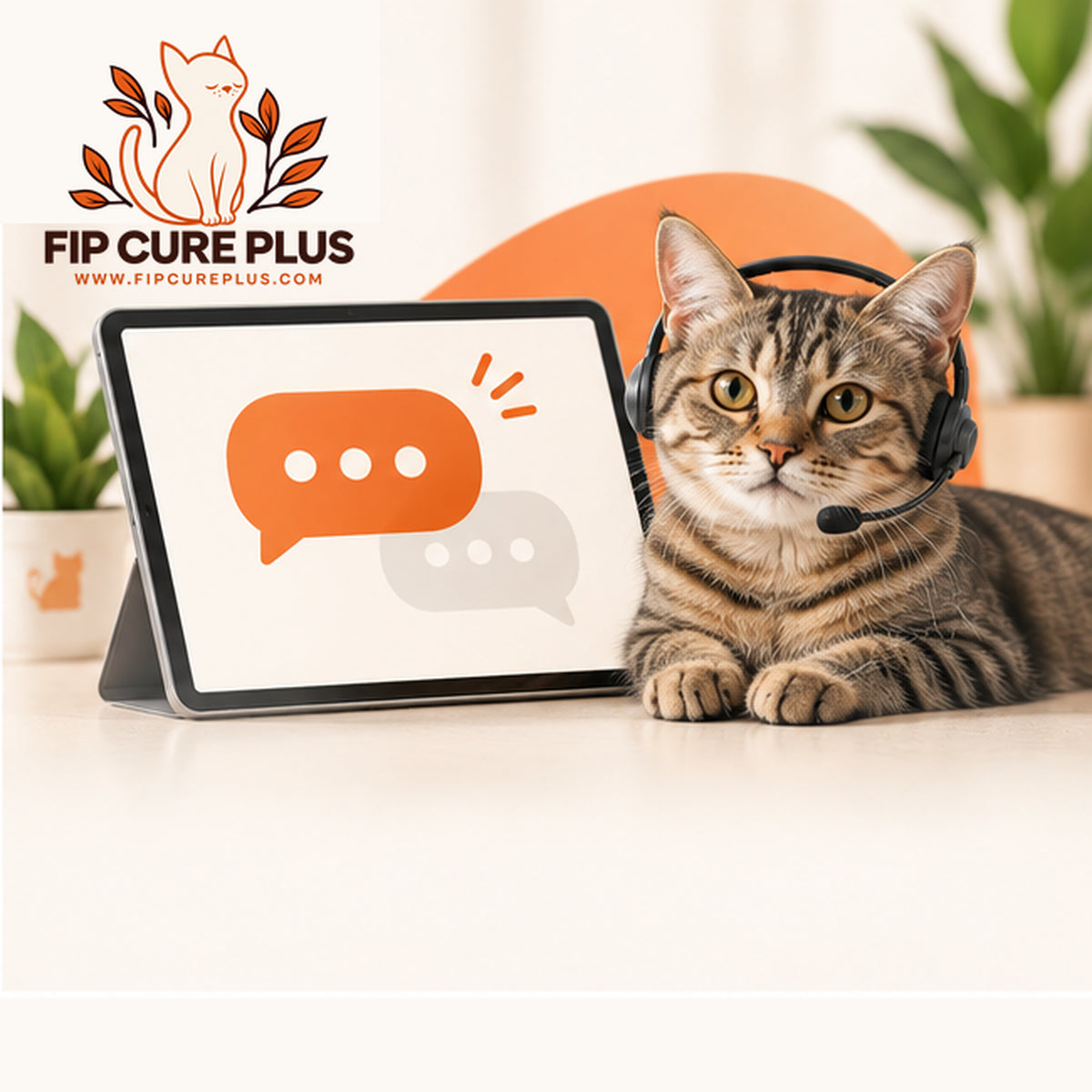 Cat beside a laptop displaying a live chat icon for FIP Cure Plus customer support.