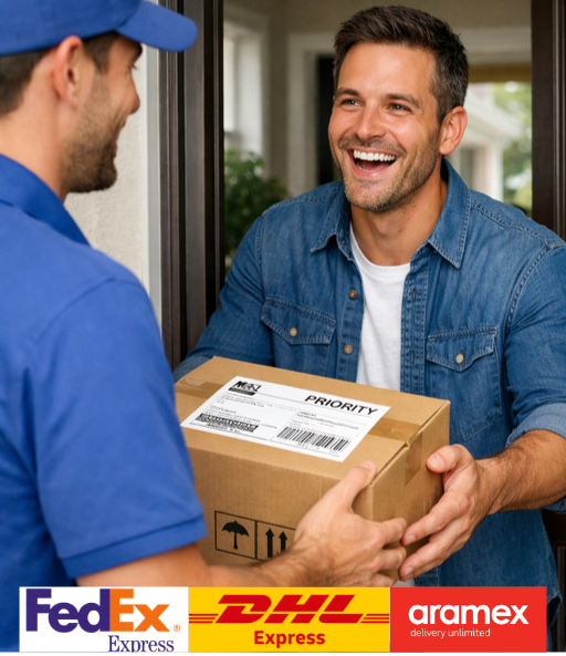 Man receiving a package from a delivery person with FedEx, DHL, and Aramex logos.