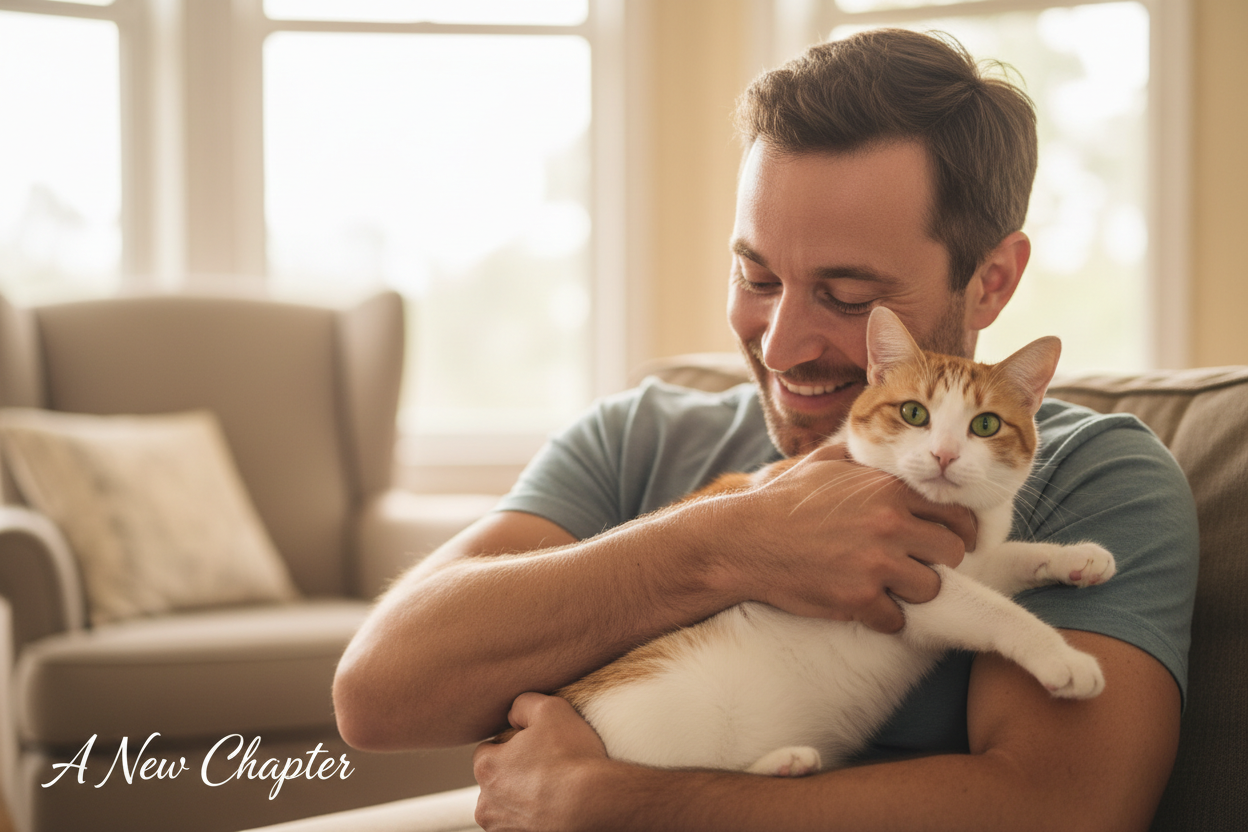 add cat owner man and hug cat and happy , mean recover and cat happy 