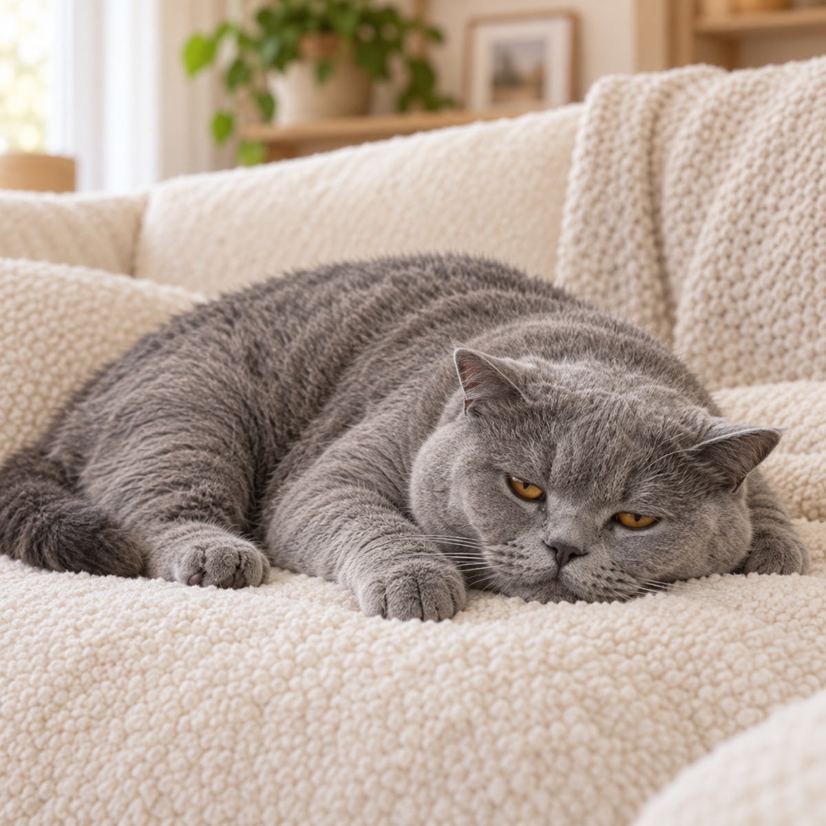 Gray cat resting on a cream sofa at home during an FIP treatment journey.