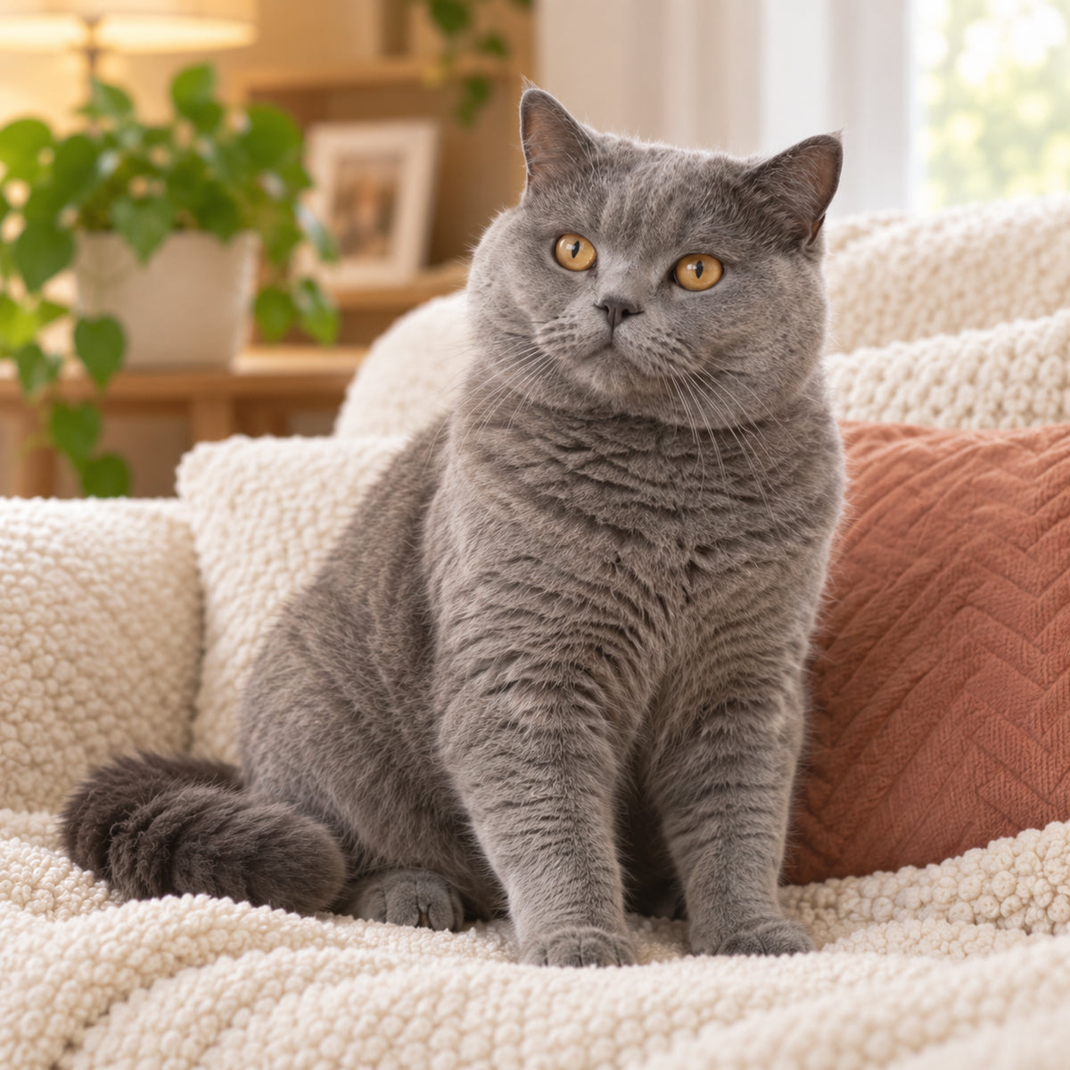Alert gray cat sitting upright on a sofa at home during FIP treatment progress.