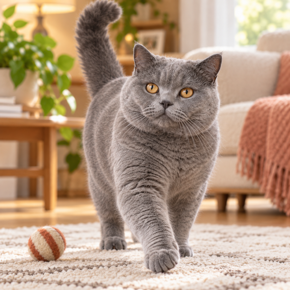 Gray cat walking toward the camera at home during FIP treatment recovery progress.
