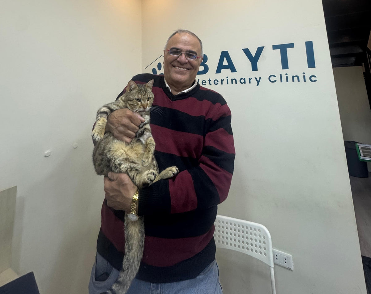 Smiling man holding a tabby cat inside Bayti Veterinary Clinic.