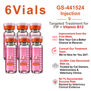 FIP Cure Plus six-vial GS-441524 injection pack, 30mg/ml and 10ml per vial, with Vitamin B12 for FIP treatment in cats.