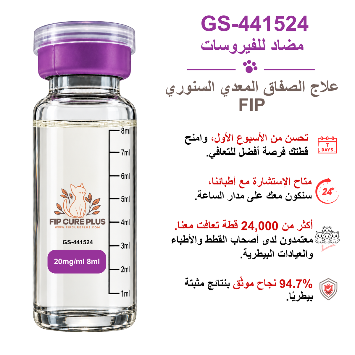 علاج التهاب الصفاق المعدي السنوري FIP باستخدام حقن GS-441524 بتركيز 20mg/ml وحجم 8ml من فيب كيور بلس (FIP Cure Plus).