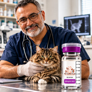 Veterinarian with a cat and FIP Cure Plus GS-441524 injection 20mg/ml 8ml for feline infectious peritonitis FIP treatment.