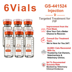 FIP Cure Plus six-vial GS-441524 injection pack, 30mg/ml and 8ml per vial, for feline infectious peritonitis FIP treatment in cats.