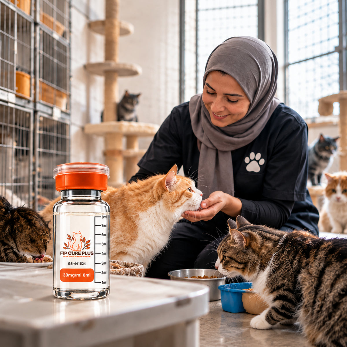 Cat rescue caregiver with cats and FIP Cure Plus GS-441524 injection 30mg/ml 8ml for feline infectious peritonitis FIP treatment.
