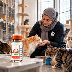 Cat rescue caregiver with cats and FIP Cure Plus GS-441524 injection 30mg/ml 8ml for feline infectious peritonitis FIP treatment.