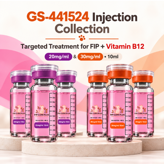 FIP Cure Plus GS-441524 injection collection with Vitamin B12, showing 20 mg/ml and 30 mg/ml vials, 10 ml each.