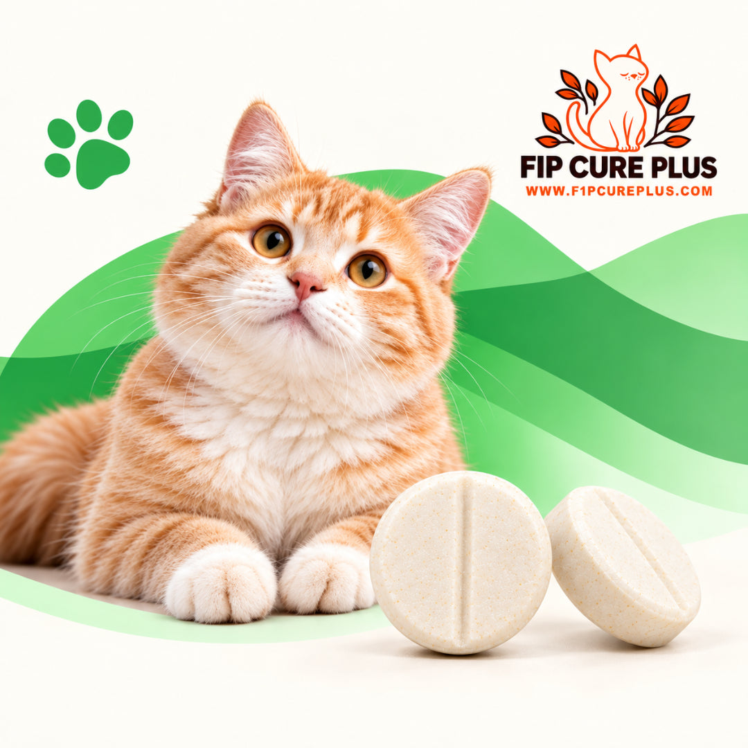 FIP Cure Plus GS-441524 tablets for cats weighing 2–4 kg, with a ginger cat, two cream tablets and a green background.
