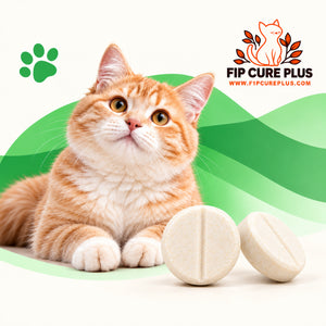 FIP Cure Plus GS-441524 tablets for cats weighing 2–4 kg, with a ginger cat, two cream tablets and a green background.