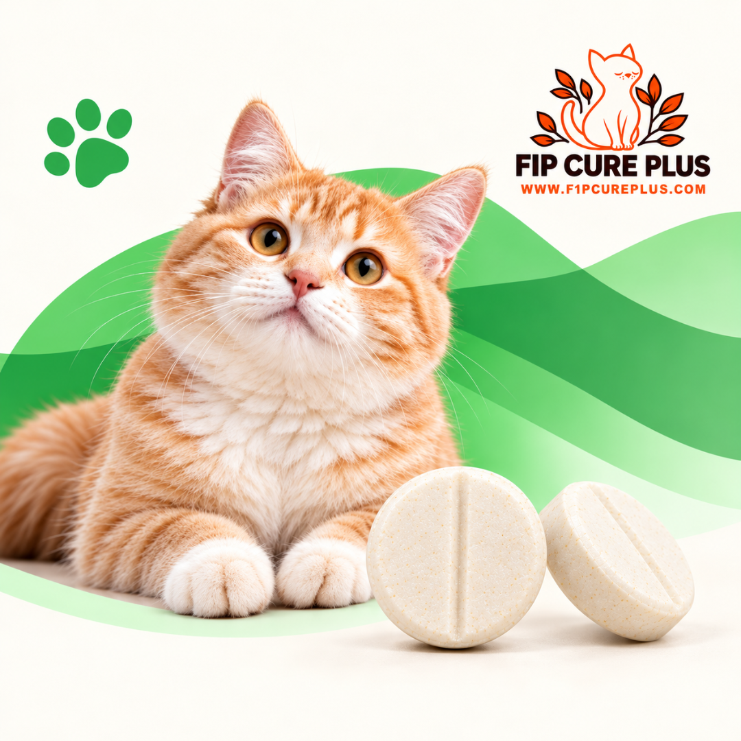 FIP Cure Plus GS-441524 tablets for cats weighing 2–4 kg, with a ginger cat, two cream tablets and a green background.