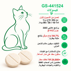 دليل عربي لأقراص GS-441524 من FIP Cure Plus للقطط بوزن 2–4 كغ، مع رسم قطة أخضر وحبتين كريميتين.