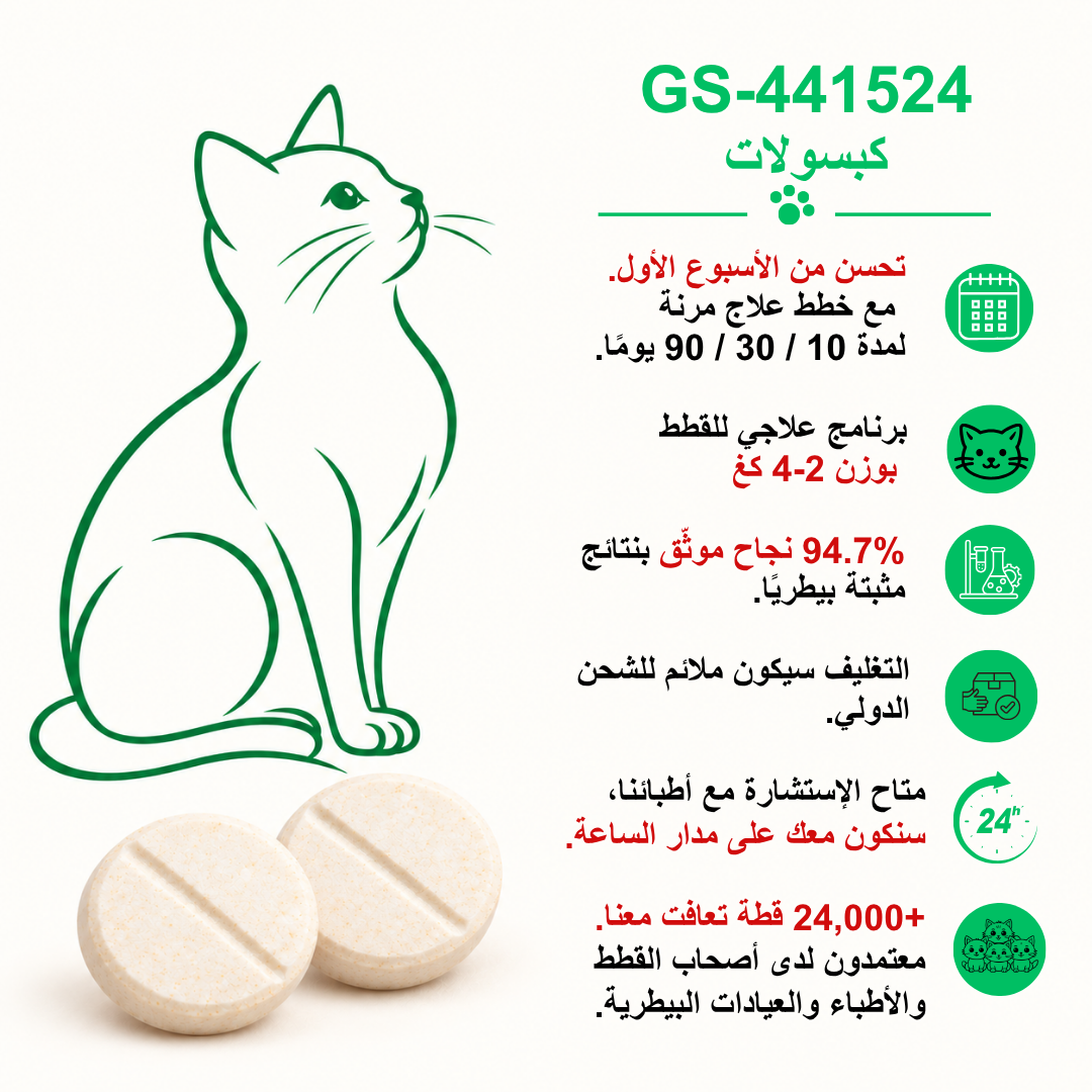 دليل عربي لأقراص GS-441524 من FIP Cure Plus للقطط بوزن 2–4 كغ، مع رسم قطة أخضر وحبتين كريميتين.