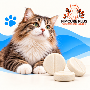 FIP Cure Plus GS-441524 tablets for cats over 4 kg, with a large long-haired cat, three cream tablets and a blue background.