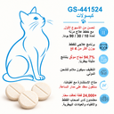 دليل عربي لأقراص GS-441524 من FIP Cure Plus للقطط أكثر من 4 كغ، مع رسم قطة أزرق وثلاث حبات كريمية.