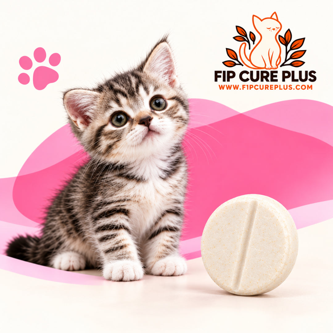FIP Cure Plus GS-441524 tablets for cats under 2 kg, with a tabby kitten, one cream tablet and a pink background.
