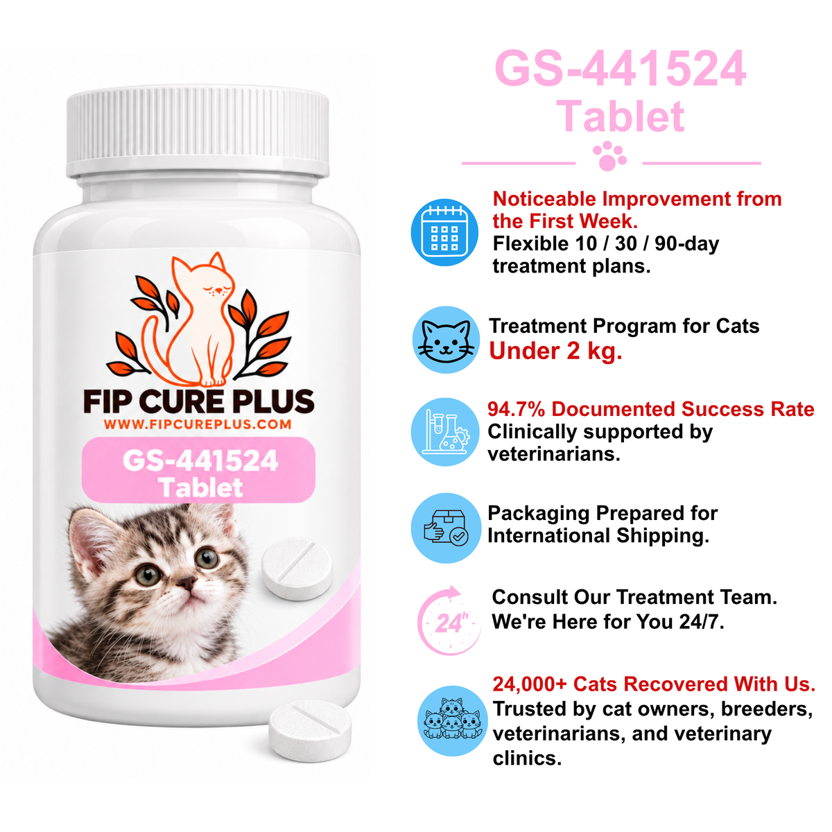 FIP Cure Plus GS-441524 tablet treatment information for cats under 2 kg, including treatment plans, documented results, international shipping, and treatment support.