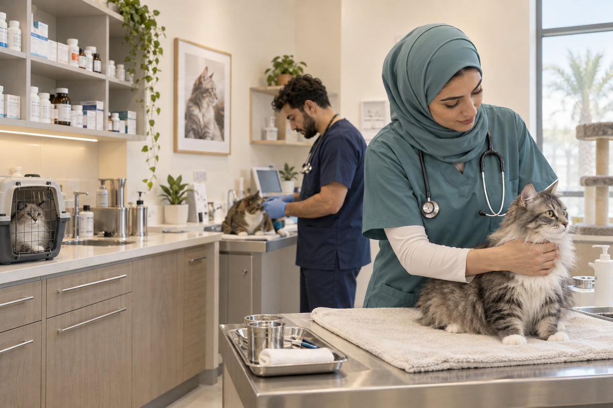 Veterinary team in a Gulf clinic caring for cats during examinations.