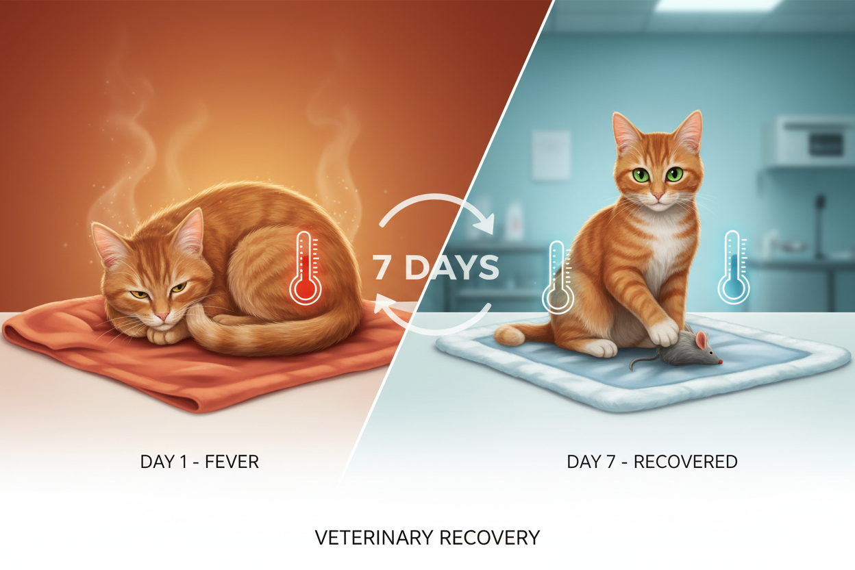 FIP Cure Plus 
<strong>3.</strong> <strong>Fever Fades Away</strong>
Persistent or occasional fevers disappear or become much less frequent within 7 days.