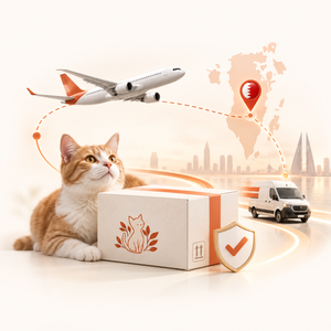 FIP Cure Plus delivery illustration showing a cat beside a branded parcel, with an aircraft, delivery van and location marker.