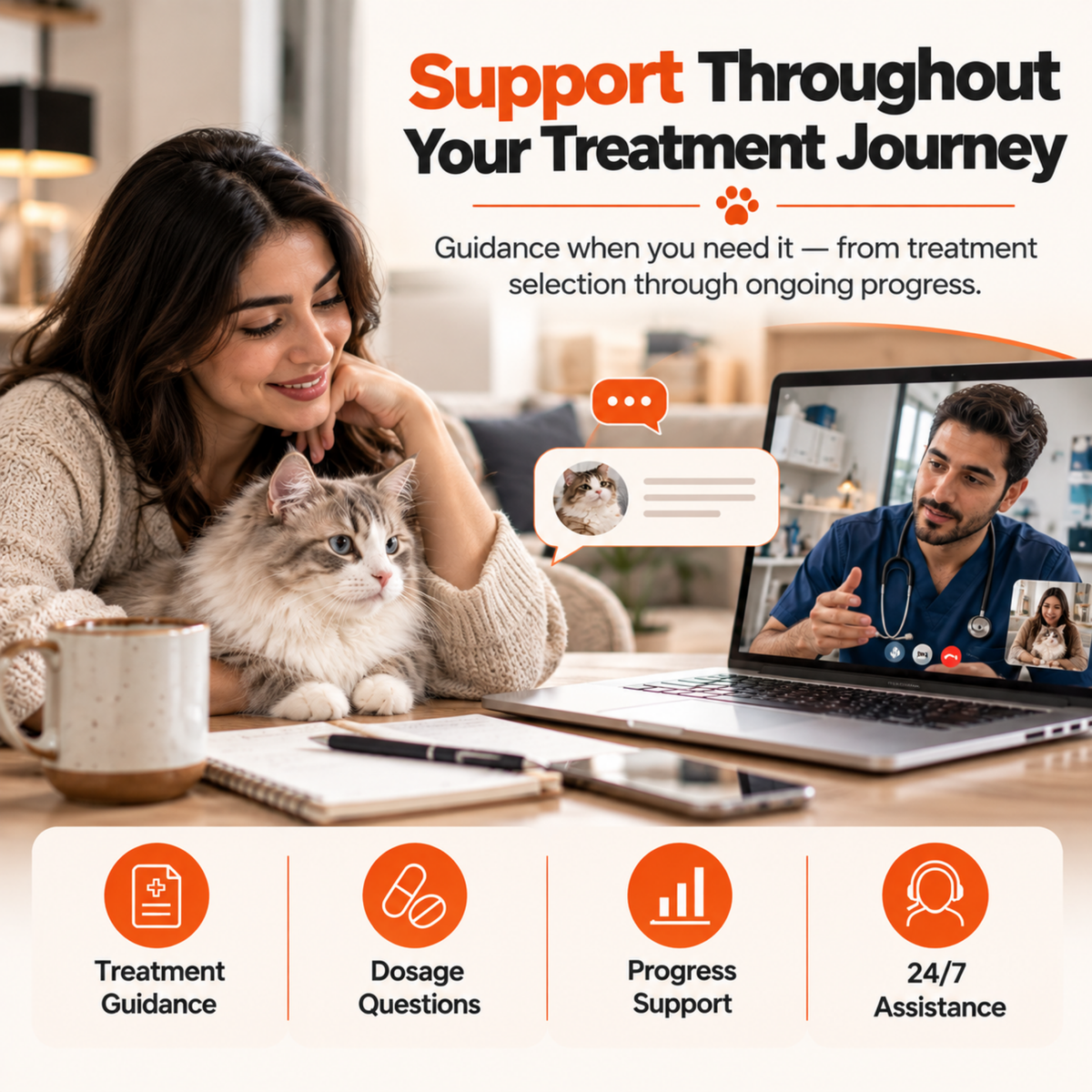 FIP Cure Plus treatment support showing a cat owner receiving remote veterinary guidance, dosage help, progress support, and 24/7 assistance.
