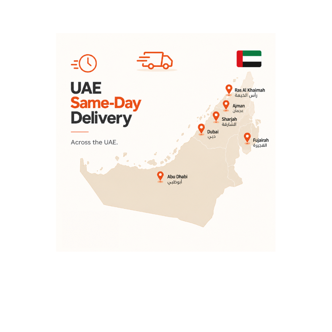UAE same-day delivery map showing Abu Dhabi, Dubai, Sharjah, Ajman, Ras Al Khaimah, and Fujairah.