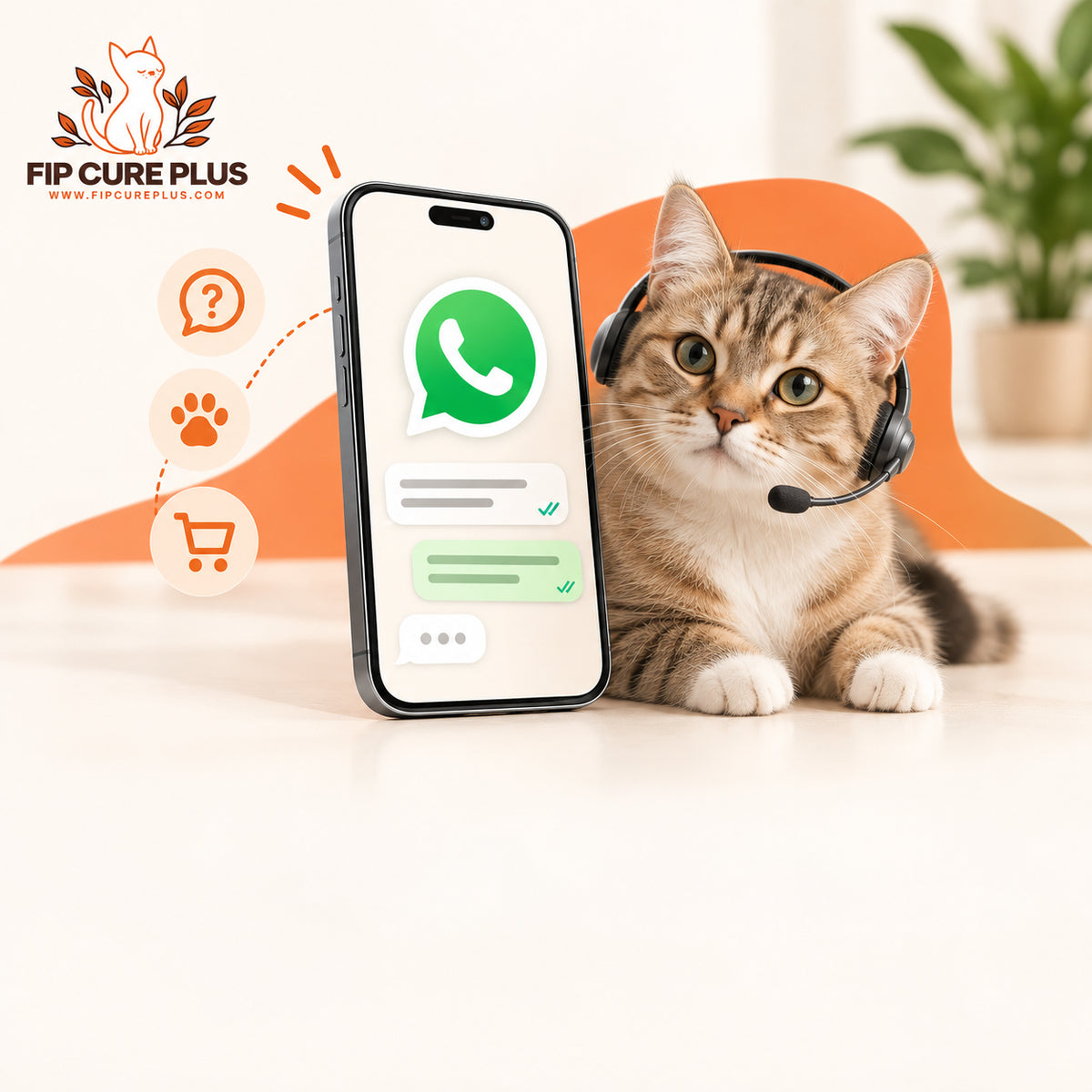 Cat wearing a headset beside a smartphone displaying WhatsApp for FIP Cure Plus support.