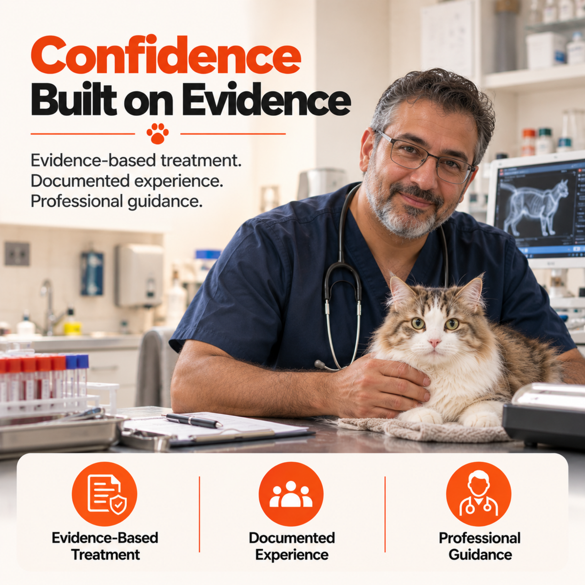 Veterinarian with a cat representing evidence-based FIP treatment, documented experience, and professional veterinary guidance from FIP Cure Plus.