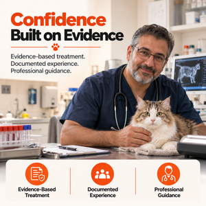 Veterinarian with a cat representing evidence-based FIP treatment, documented experience, and professional veterinary guidance from FIP Cure Plus.