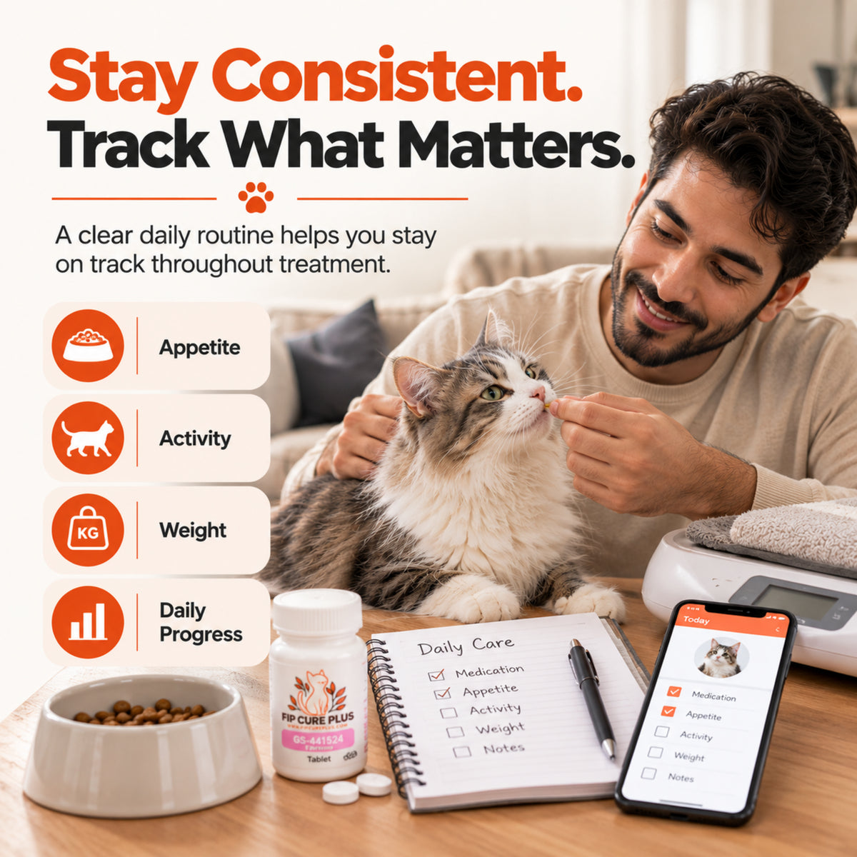 Daily FIP treatment monitoring routine showing appetite, activity, weight, medication, and progress tracking for a cat during treatment.