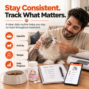 Daily FIP treatment monitoring routine showing appetite, activity, weight, medication, and progress tracking for a cat during treatment.