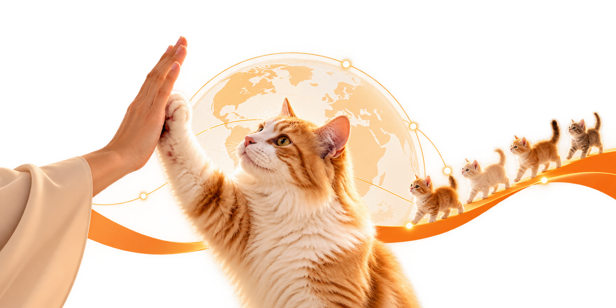 An orange tabby cat raises its paw to high-five a human hand, with a stylized orange globe and a line of small kittens behind it on a white background.